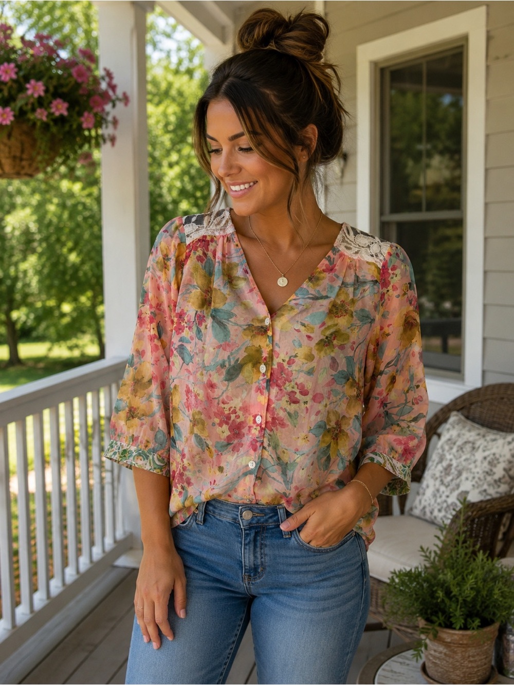 fig and flower Pink Floral Lace-Shoulder Button Blouse